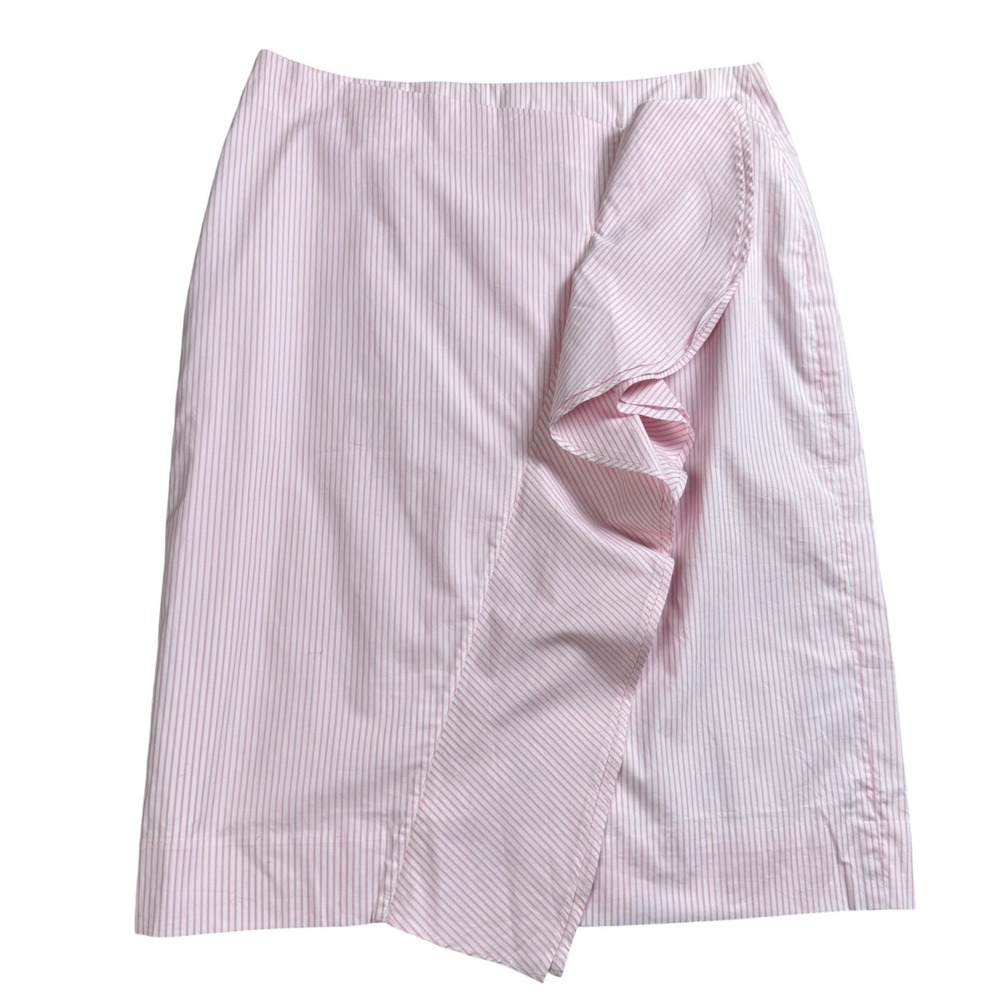 J.Crew Ruffle Pencil Skirt Womens 10P Pink White Pinstripe Cotton Preppy Coastal